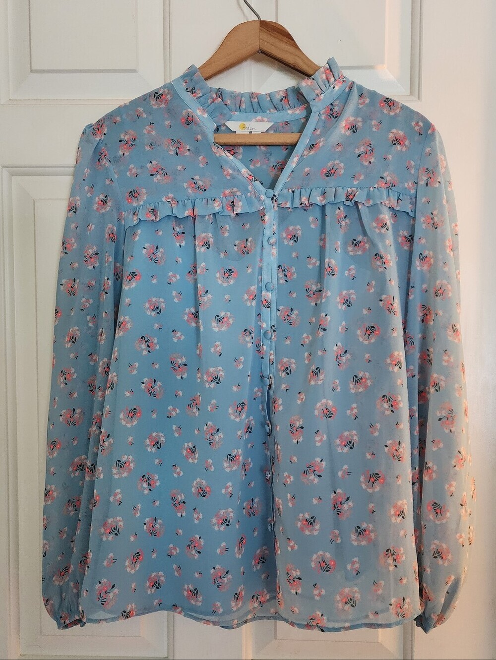 Boden Anya Heron Blouse Blue Posy Bloom Size 6 Floral Whimsy Sheer Chiffon